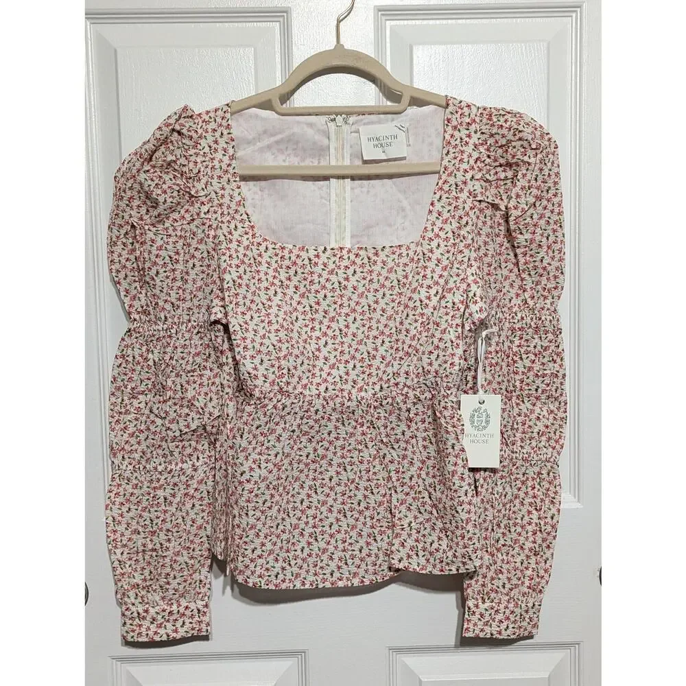 Hyacinth House Tuckernuck NWT Peplum Blouse XS Floral Pink White Puff Sleeve Top